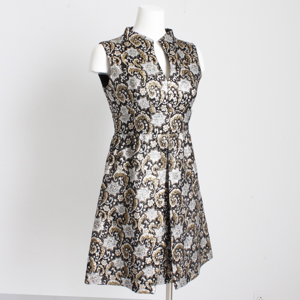 Vintage 1970s Metallic Lurex Brocade Cocktail Dress Gold Silver Black Size 11 - Picture 7 of 13